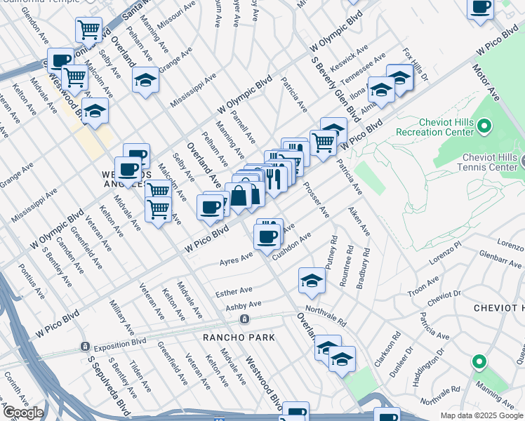 map of restaurants, bars, coffee shops, grocery stores, and more near 10650 West Pico Boulevard in Los Angeles
