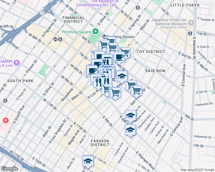 map of restaurants, bars, coffee shops, grocery stores, and more near 726 South Los Angeles Street in Los Angeles