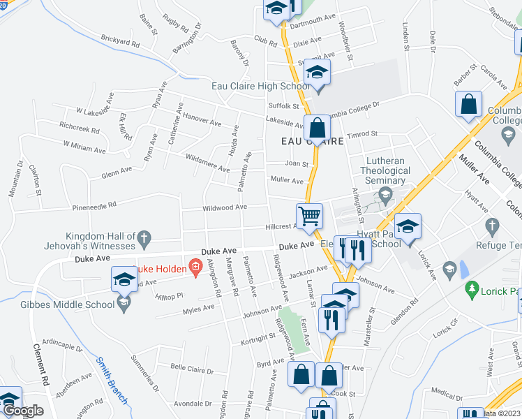 map of restaurants, bars, coffee shops, grocery stores, and more near 526 Wildwood Avenue in Columbia