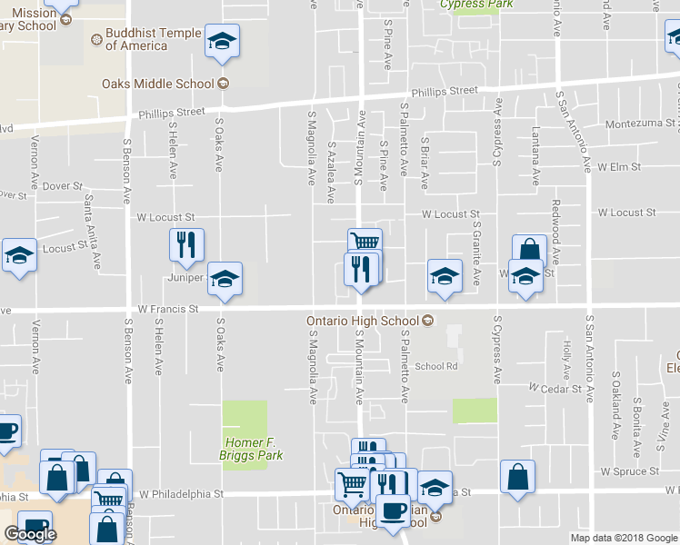 map of restaurants, bars, coffee shops, grocery stores, and more near 1726 South Mountain Avenue in Ontario