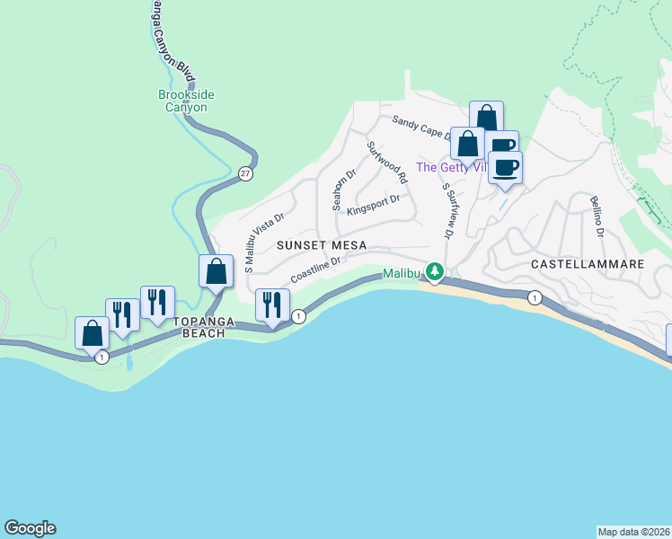 map of restaurants, bars, coffee shops, grocery stores, and more near 18262 Coastline Drive in Malibu