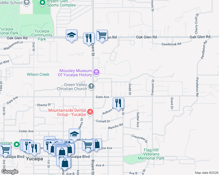 map of restaurants, bars, coffee shops, grocery stores, and more near 11636 Madison Street in Yucaipa