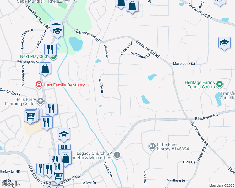 map of restaurants, bars, coffee shops, grocery stores, and more near 3781 Catalina Drive in Marietta