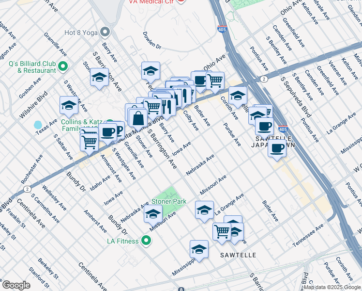 map of restaurants, bars, coffee shops, grocery stores, and more near 1640 Barry Avenue in Los Angeles