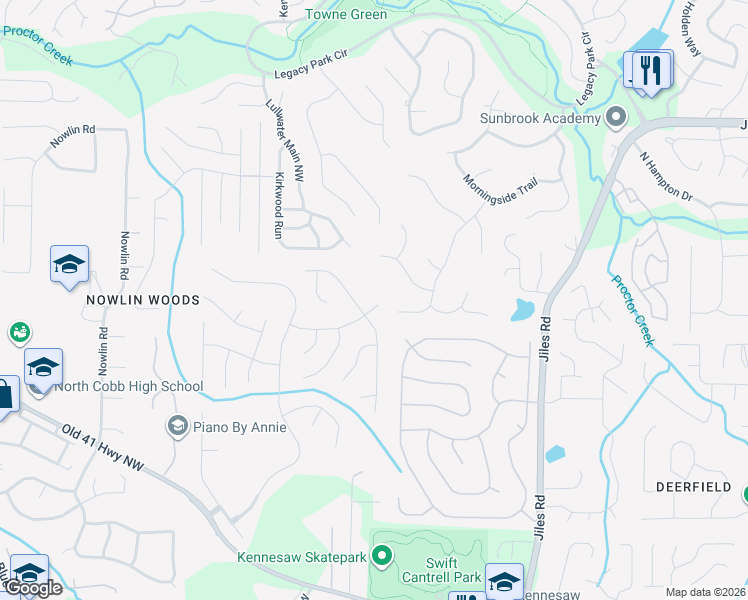 map of restaurants, bars, coffee shops, grocery stores, and more near 2606 Myrtlewood Lane Northwest in Kennesaw