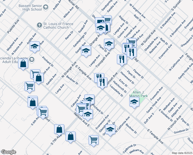 map of restaurants, bars, coffee shops, grocery stores, and more near 14506 Lassalette Street in La Puente
