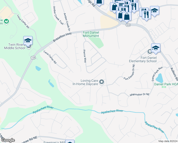 map of restaurants, bars, coffee shops, grocery stores, and more near 2184 Pierce Way Northeast in Dacula