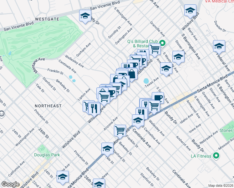 map of restaurants, bars, coffee shops, grocery stores, and more near Wilshire Boulevard & McClellan Drive in Los Angeles