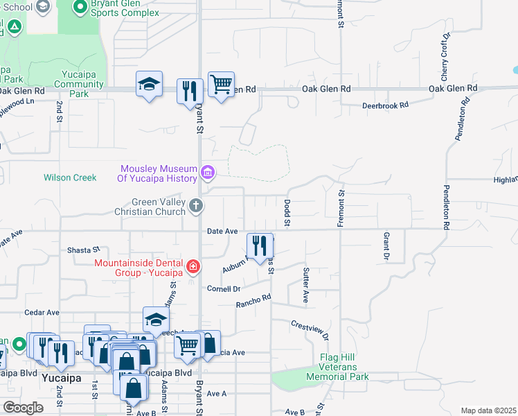map of restaurants, bars, coffee shops, grocery stores, and more near 11639 Lennox Street in Yucaipa