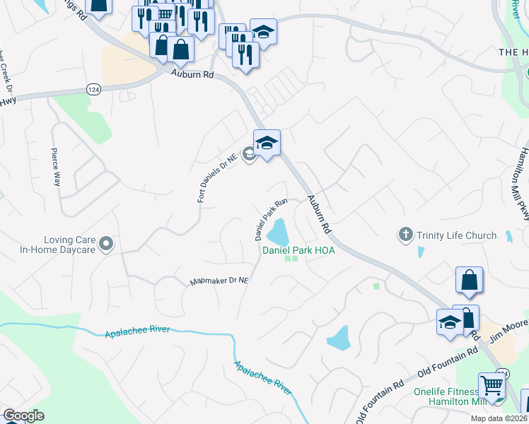 map of restaurants, bars, coffee shops, grocery stores, and more near 2820 Daniel Park Run in Dacula