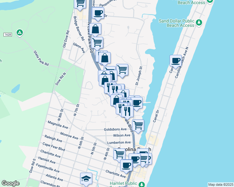 map of restaurants, bars, coffee shops, grocery stores, and more near 1010 N Lake Park Blvd in Carolina Beach
