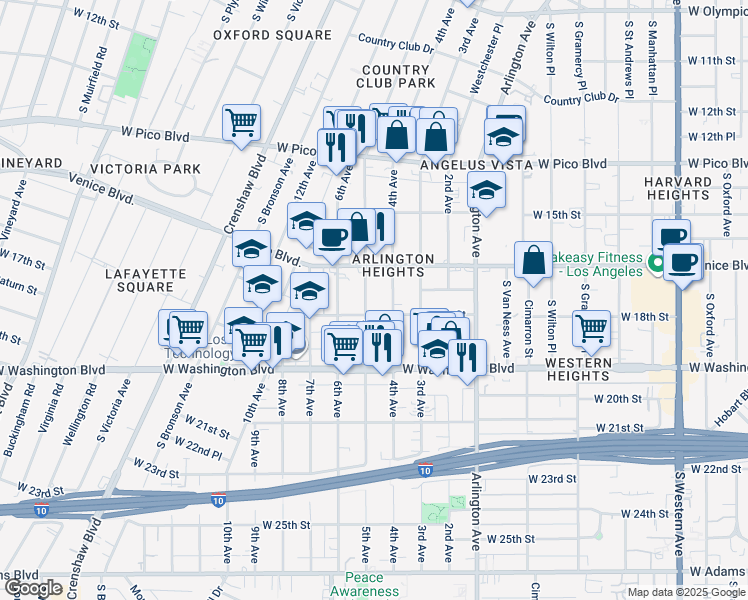 map of restaurants, bars, coffee shops, grocery stores, and more near 1644 5th Avenue in Los Angeles