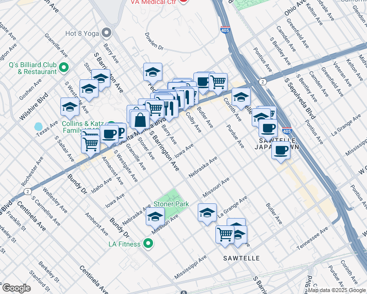 map of restaurants, bars, coffee shops, grocery stores, and more near 1626 Barry Avenue in Los Angeles