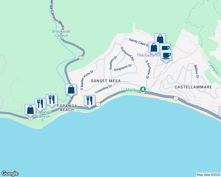 map of restaurants, bars, coffee shops, grocery stores, and more near 18262 Coastline Drive in Malibu
