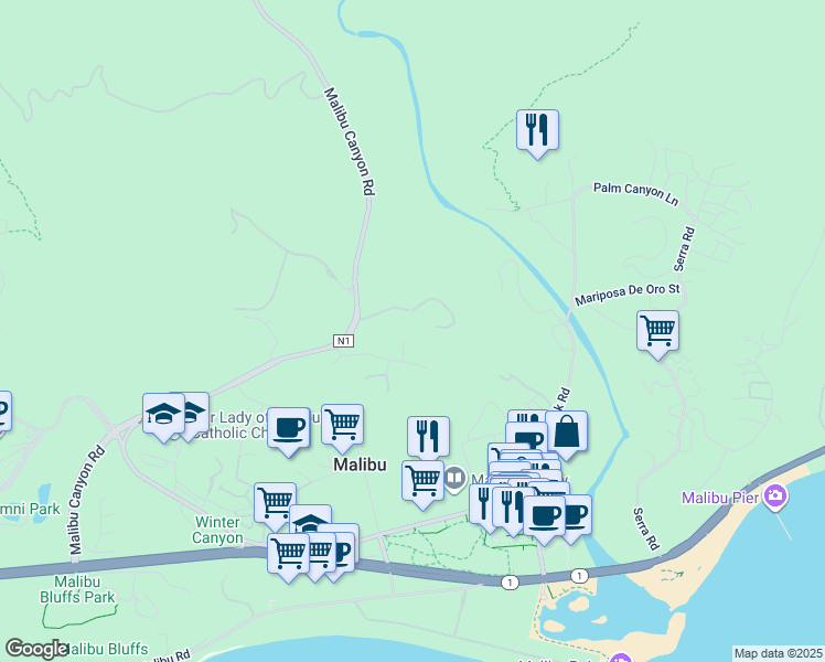 map of restaurants, bars, coffee shops, grocery stores, and more near 23814 Malibu Crest Drive in Malibu