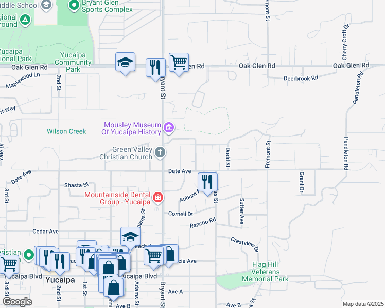 map of restaurants, bars, coffee shops, grocery stores, and more near 11636 Madison Street in Yucaipa