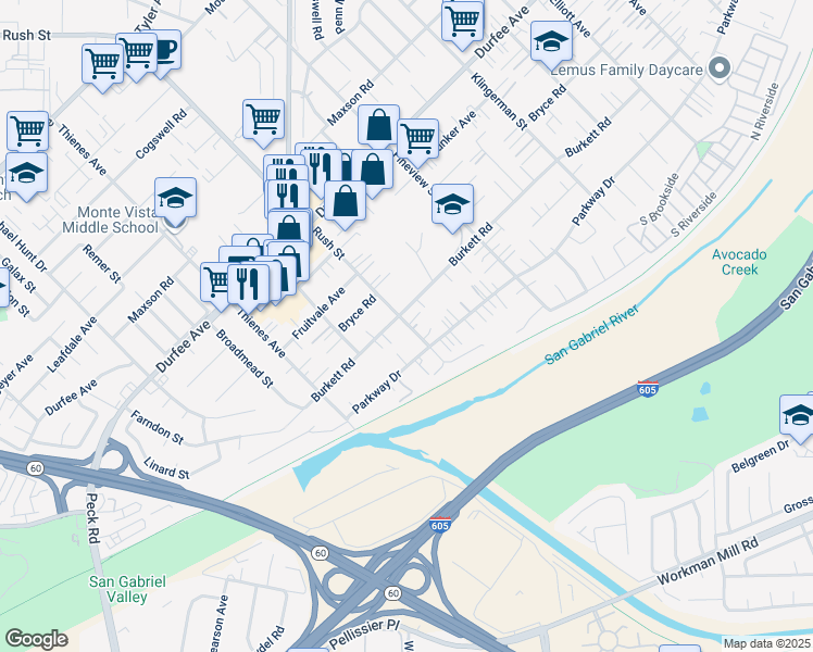 map of restaurants, bars, coffee shops, grocery stores, and more near 12512 Rush Street in South El Monte