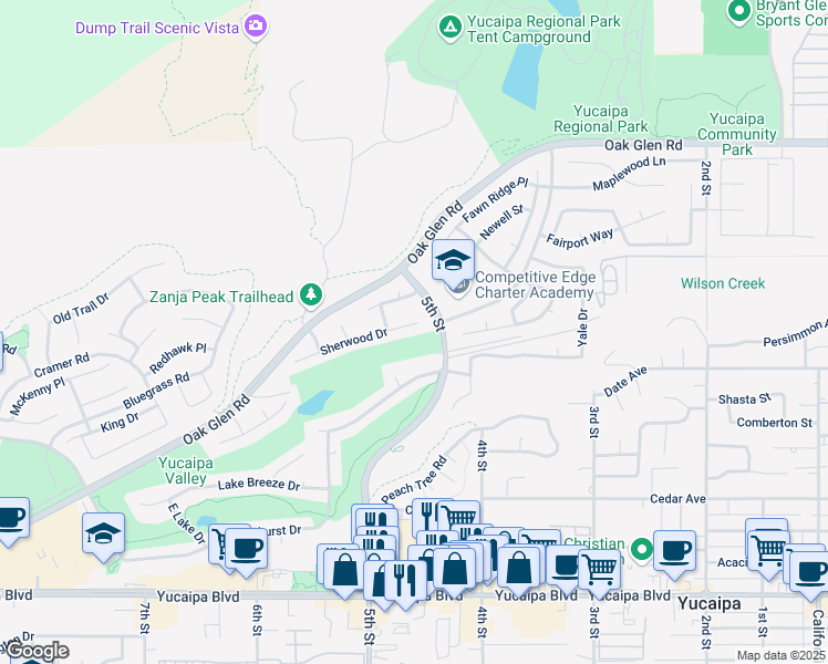 map of restaurants, bars, coffee shops, grocery stores, and more near 34393 Sherwood Drive in Yucaipa