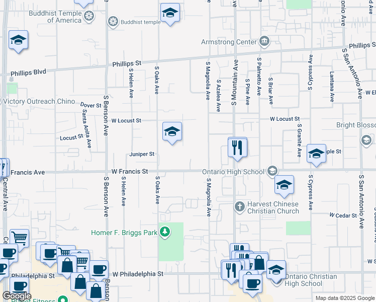 map of restaurants, bars, coffee shops, grocery stores, and more near 1717 South Elderberry Court in Ontario