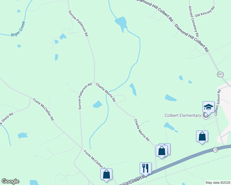 map of restaurants, bars, coffee shops, grocery stores, and more near 766 Charlie Morris Road in Colbert