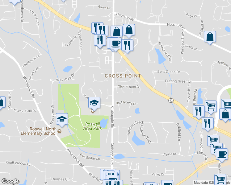 map of restaurants, bars, coffee shops, grocery stores, and more near 206 Wellwood Court in Roswell