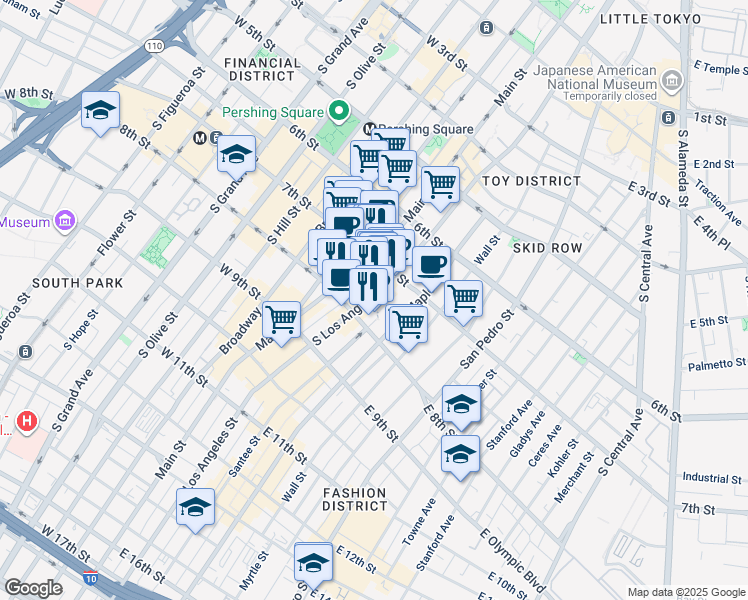 map of restaurants, bars, coffee shops, grocery stores, and more near 738 South Los Angeles Street in Los Angeles