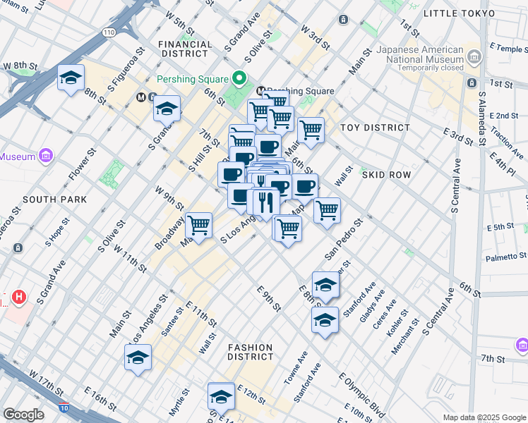 map of restaurants, bars, coffee shops, grocery stores, and more near 738 South Los Angeles Street in Los Angeles