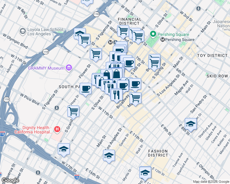 map of restaurants, bars, coffee shops, grocery stores, and more near 939 South Hill Street in Los Angeles