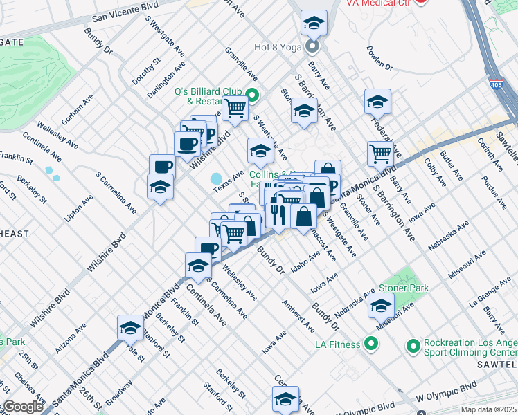 map of restaurants, bars, coffee shops, grocery stores, and more near 1420 South Saltair Avenue in Los Angeles