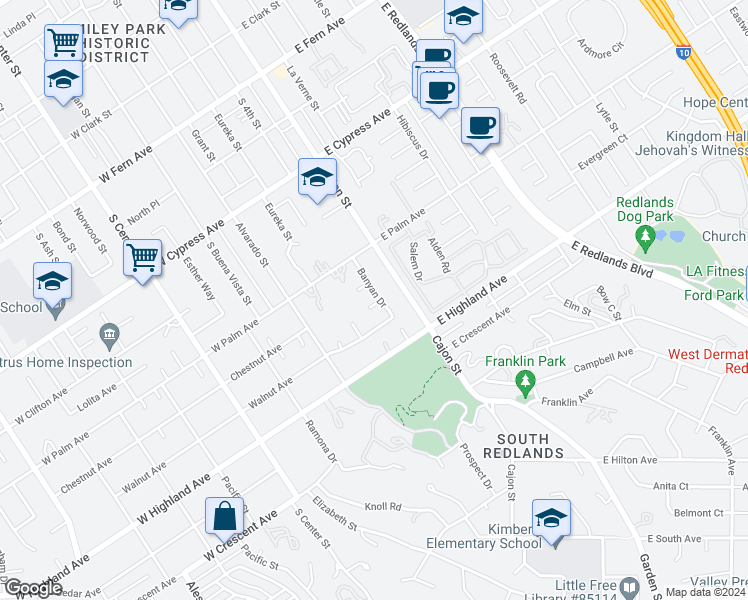 map of restaurants, bars, coffee shops, grocery stores, and more near 902 Banyan Drive in Redlands