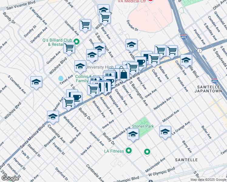 map of restaurants, bars, coffee shops, grocery stores, and more near 1515 Granville Avenue in Los Angeles