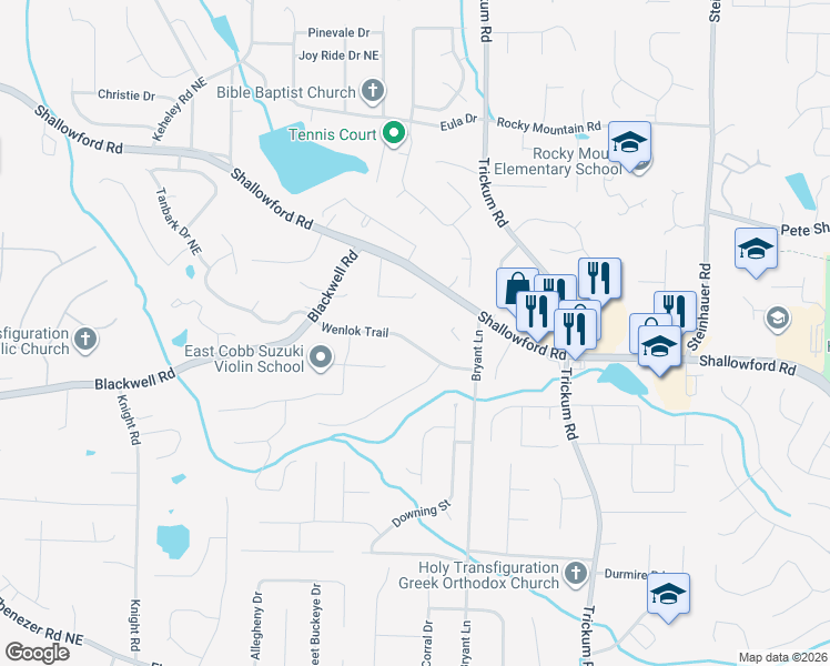 map of restaurants, bars, coffee shops, grocery stores, and more near 2165 Wenlok Trail in Marietta
