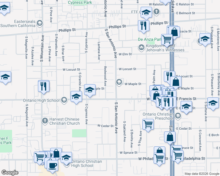 map of restaurants, bars, coffee shops, grocery stores, and more near 629 West Medallion Court in Ontario