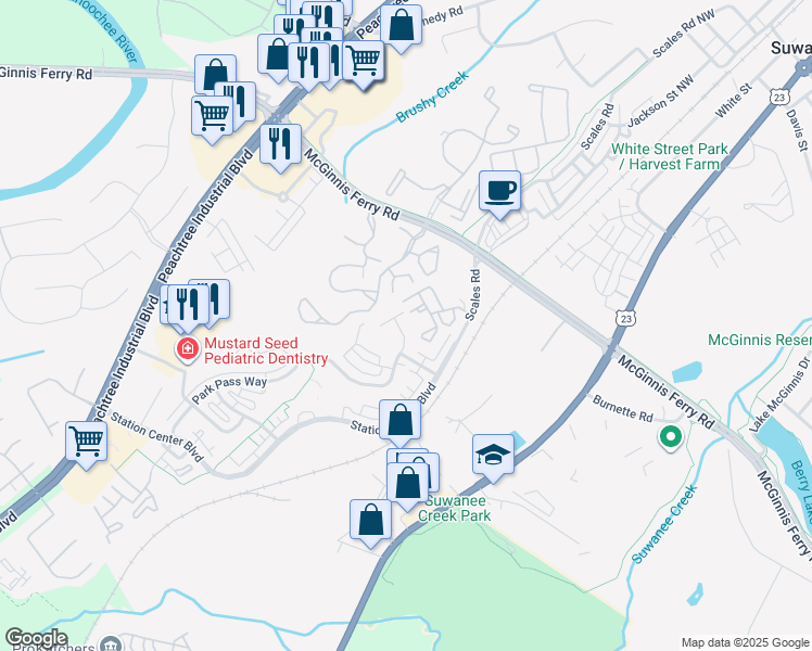 map of restaurants, bars, coffee shops, grocery stores, and more near 3660 Lake Pass Lane in Suwanee