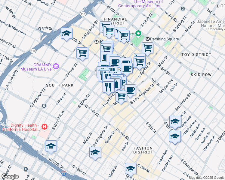 map of restaurants, bars, coffee shops, grocery stores, and more near 912 South Hill Street in Los Angeles