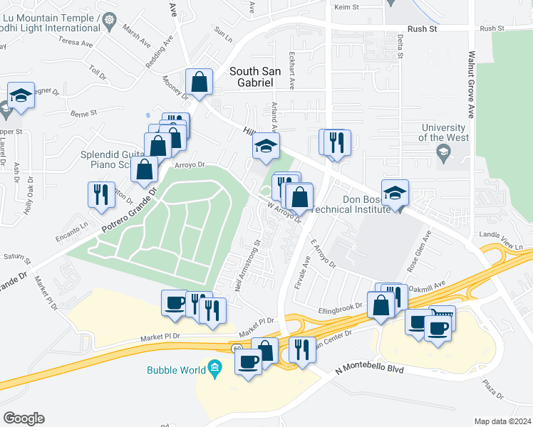 map of restaurants, bars, coffee shops, grocery stores, and more near 1874 Rainbow Terrace Lane in Montebello