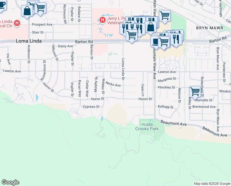 map of restaurants, bars, coffee shops, grocery stores, and more near 25453 Orange Crest Way in Loma Linda