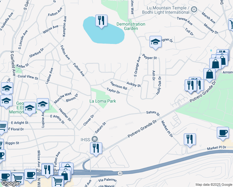 map of restaurants, bars, coffee shops, grocery stores, and more near 592 Taylor Dr in Monterey Park
