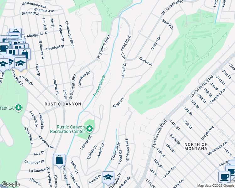 map of restaurants, bars, coffee shops, grocery stores, and more near 748 Amalfi Drive in Los Angeles