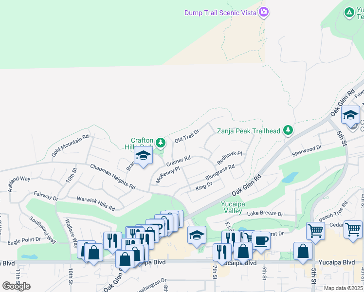 map of restaurants, bars, coffee shops, grocery stores, and more near 11634 Wiggins Court in Yucaipa