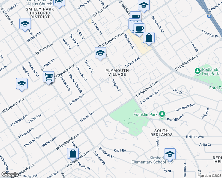 map of restaurants, bars, coffee shops, grocery stores, and more near 822 Banyan Drive in Redlands