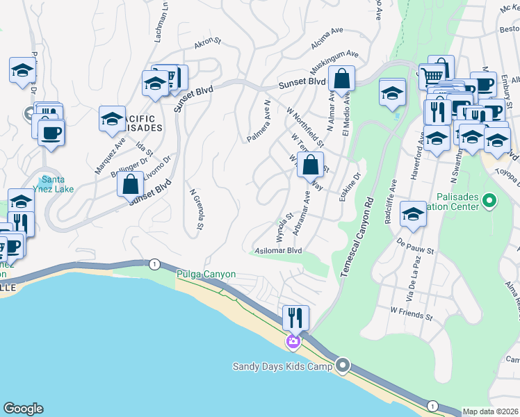 map of restaurants, bars, coffee shops, grocery stores, and more near 500 Muskingum Place in Los Angeles