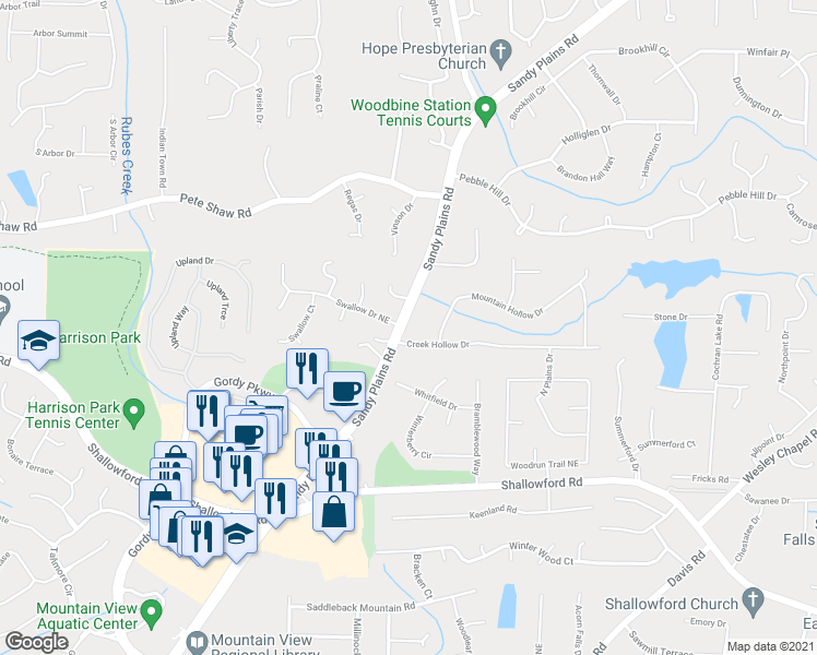map of restaurants, bars, coffee shops, grocery stores, and more near 3800 Sandy Plains Road in Marietta