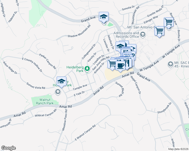 map of restaurants, bars, coffee shops, grocery stores, and more near 1352 Amhurst Drive in Walnut