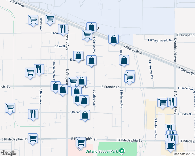 map of restaurants, bars, coffee shops, grocery stores, and more near 1751 South Carlos Avenue in Ontario