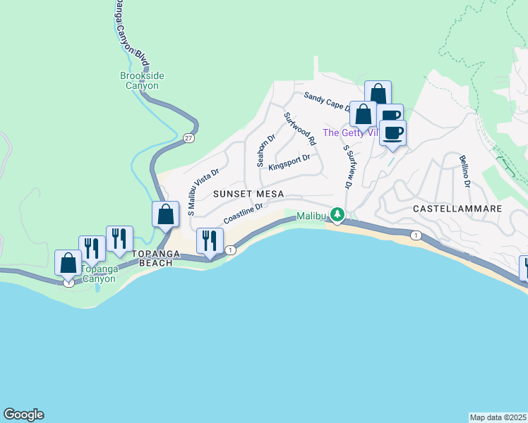 map of restaurants, bars, coffee shops, grocery stores, and more near 18254 Coastline Drive in Malibu