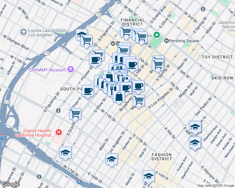 map of restaurants, bars, coffee shops, grocery stores, and more near 939 South Hill Street in Los Angeles