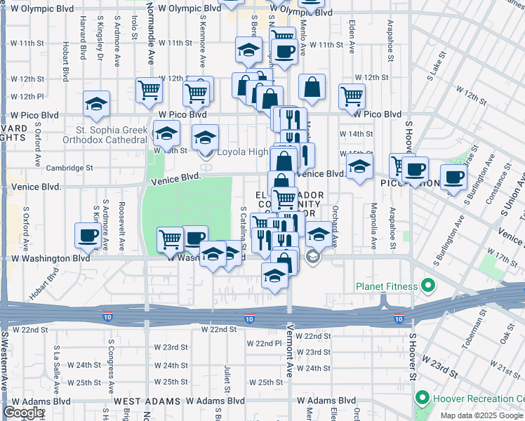 map of restaurants, bars, coffee shops, grocery stores, and more near 1714 South Berendo Street in Los Angeles