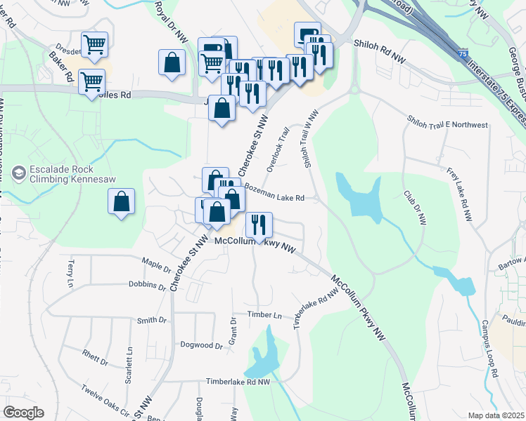 map of restaurants, bars, coffee shops, grocery stores, and more near 4090 Sand Wedge Circle in Kennesaw
