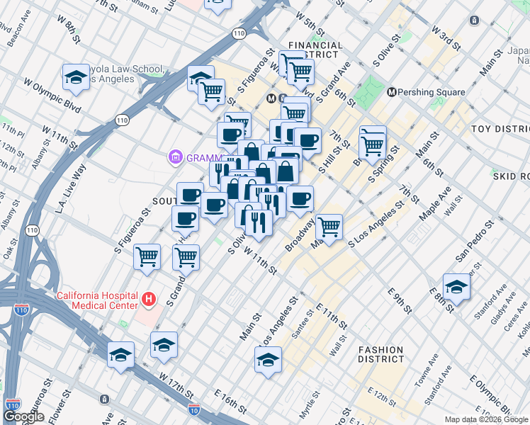 map of restaurants, bars, coffee shops, grocery stores, and more near 321 West Olympic Boulevard in Los Angeles